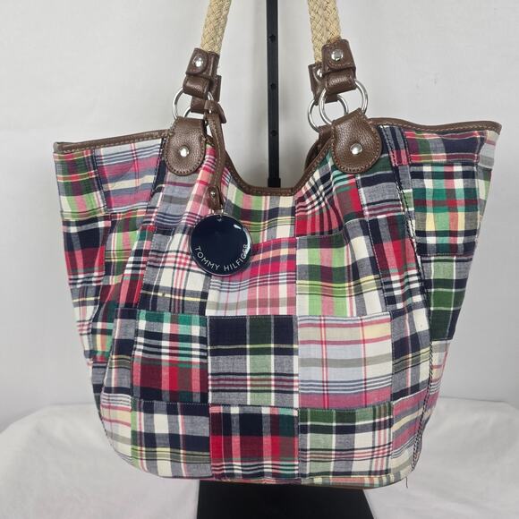 Tommy Hilfiger Tote Colorful Plaid Double Shoulder Strap 11" x 12" x 7" - Picture 2 of 16